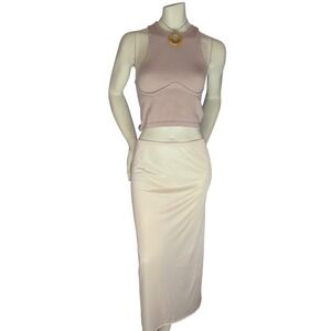 Vintage Handmade Slip + Distressed Ribbed Crop Top - Statement Necklace 3Pc Set